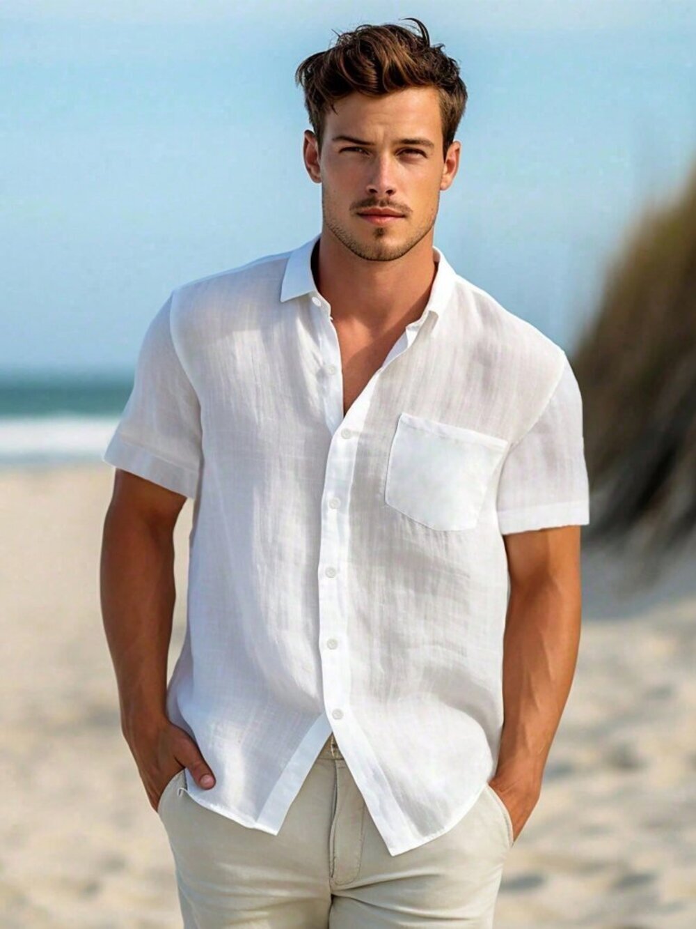 White Casual Men's Basic Short Sleeve Hawaiian Resort Beach Shirt